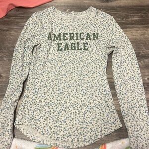 American Eagle Long sleeve floral green white and blue shirt
